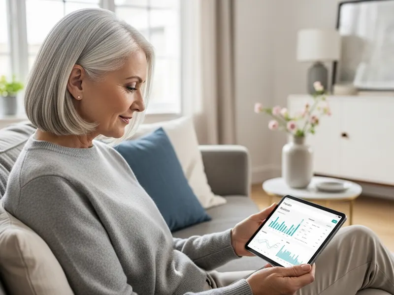 Older woman reviewing a pension dashboard on a tablet at home