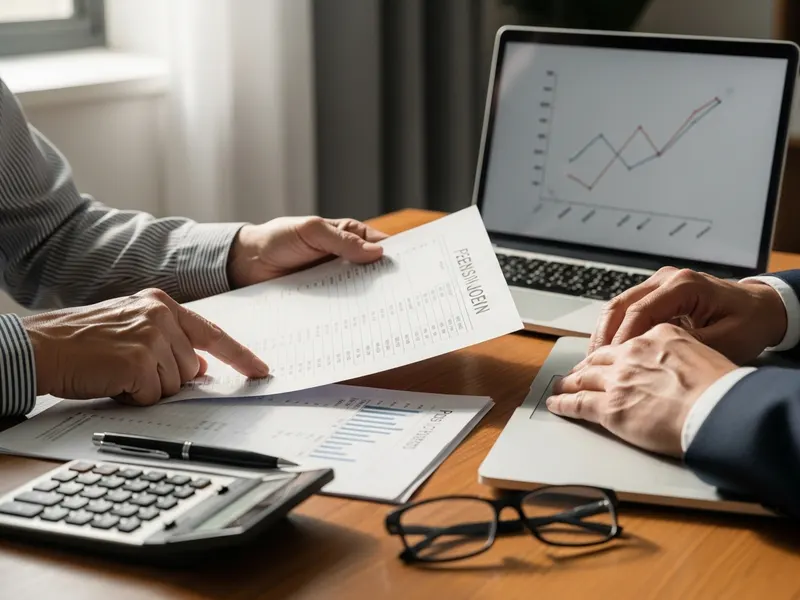Hands comparing pension documents and a laptop with charts