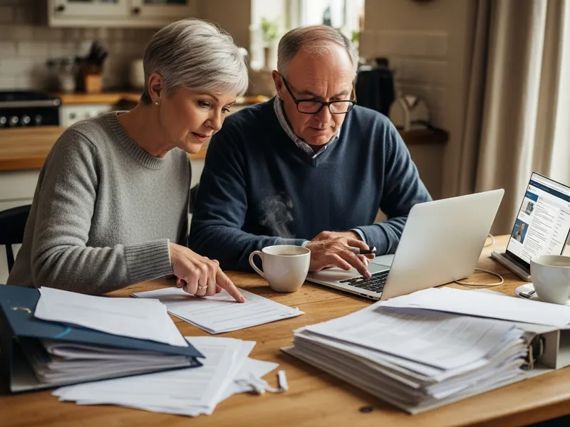Couple reviewing pension transfer paperwork at a kitchen table