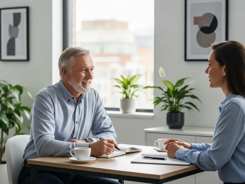 Older man asking a financial adviser questions across a meeting table