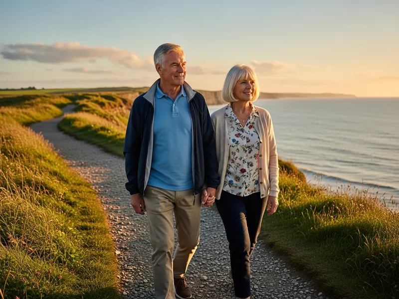 Retired couple walking along a sunlit British coastal path